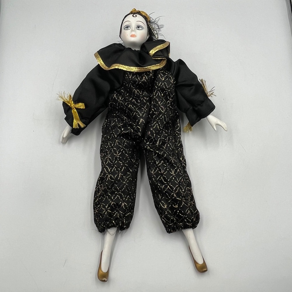 Vintage Porcelain Harlequin Clown Doll Black Gold Costume Hand Painted 16 inch